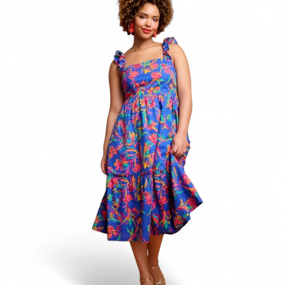 J. Crew Dresses & Skirts - J. Crew Colorful Tropical Square Neck Ruffled Midi Smocked Cotton Dress 4 NWT